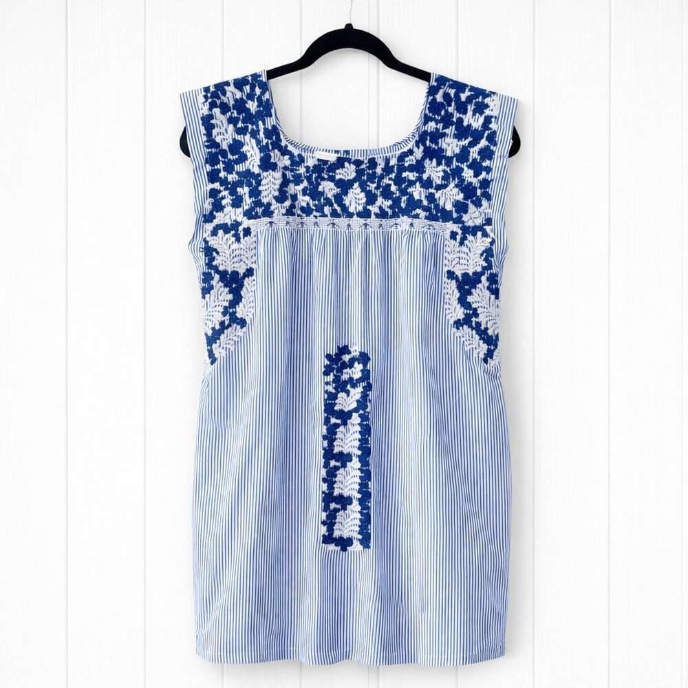 J MARIE BLUE WHITE STRIPED ADELINE EMBROIDERED MINI DRESS SIZE SMALL